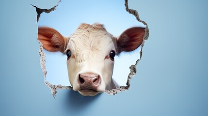 Canvas Print -  a close up of a cow's face looking through a hole in a blue wall with a hole in the middle that has a hole in the side of it.