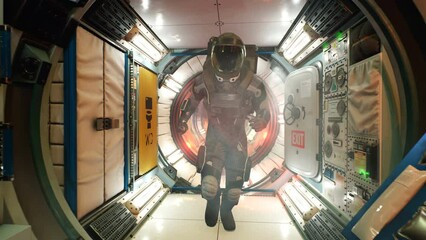 Wall Mural - a lone astronaut dashes through a blazing space module, chased by a catastrophic spaceship explosion