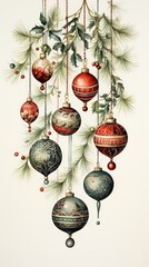 Poster -  a christmas ornament hanging from a pine tree with red and green ornaments hanging from it's branches.