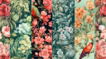 Poster -  a set of four floral wallpapers with birds, flowers, and leaves in different shades of pink, green, yellow, and red.