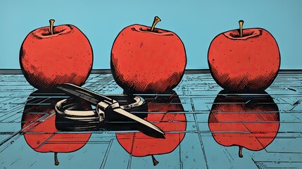 Sticker -  a pair of scissors sitting on top of a table in front of three red apples on top of each other.