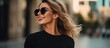 The stylish woman in the city is a business savvy girl who embraces summer fashion with her radiant smile perfectly styled hair and trendy retro black outfit exuding beauty and luxury while