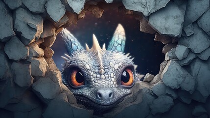 Canvas Print -  a close up of a dragon's face through a crack in a rock wall with a hole in the middle that has a hole in the side of it.