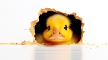  A Close Up Of A Yellow Rubber Ducky Looking Out Of A Hole In The Wall Of A White Wall With A Reflection Of The Ducky Looking Out Of The Wall.