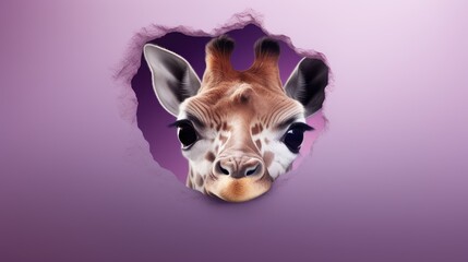 Poster -  a close up of a giraffe's face with a hole in the middle of the middle of the image, with a background of a purple background.