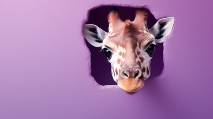 Poster -  a close up of a giraffe's face through a hole in a purple wall with its tongue sticking out and it's head sticking out of the wall.