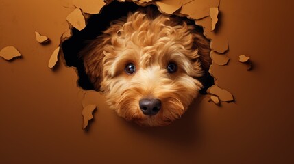 Canvas Print -  a close up of a dog's face peeking out of a hole in a wall with torn up pieces of paper on the floor and a brown wall behind it.