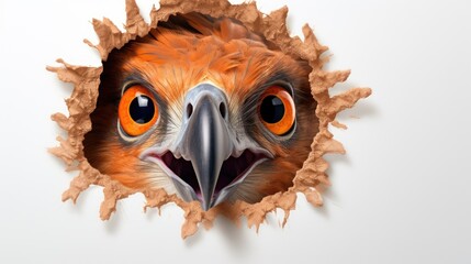 Poster -  a close up of a bird's face through a hole in a paper cut in to it's outer outer outer outer outer wall, with orange eyes and an orange beak with a white background.