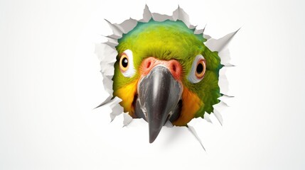 Sticker -  a close up of a parrot's face through a hole in a sheet of paper that has been torn open to reveal a green parrot's head and beak.