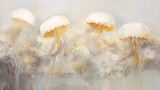 Fototapeta Panele -  a painting of a group of jellyfish floating in the water with their heads turned to look like they are floating in the air.