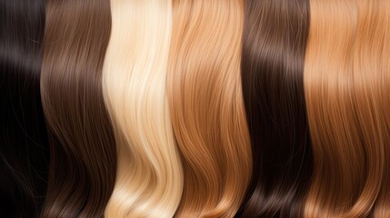 Wall Mural -  a row of different colored hair on a black background with clippings in the middle of each section of the hair to show the different colors of the hair.