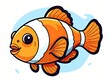  an orange and white fish with a white stripe on it's body and a black and white stripe on it's head and a blue and white background.