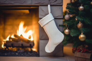 Wall Mural - Mockup of white Christmas stock hangs on farmhouse fireplace. Generative AI