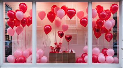 Wall Mural -  a window display with a bunch of red and pink heart shaped balloons hanging from it's windowsills.