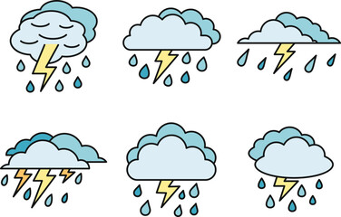 weather thunderstorm icons set. outline set of weather thunderstorm vector icons thin line color fla