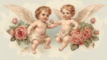 Baby Angels Flying In The Rose Bushes. Retro Style Postcard For Valentine's Day. 