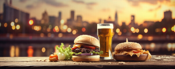 Wall Mural - Burger and glass of beer on table with big city in background.