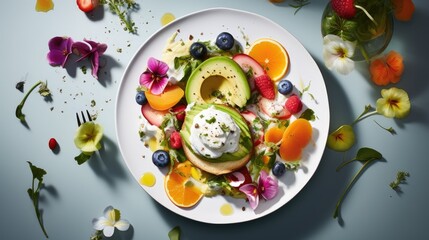  a white plate topped with fruit and veggies on top of a blue table next to a vase of flowers.