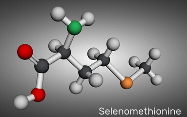 Poster - Selenomethionine molecule. It is naturally occurring amino acid. Structural chemical formula and molecule model. Molecular model. 3D rendering