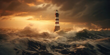 Lighthouse At Dusk, Overlooking A Turbulent Sea, God Rays Breaking Through Clouds
