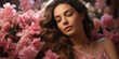 Schlafende verträumte hübsche Frau mit grandiosen Make up sinnlich und atemberaubend  fantastischen pink Blumen für Poster, ai generativ