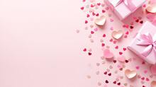 Top view of composition with Valentine's day decorations and copy space on pastel pink background. Holiday 14 February romantic banner.
