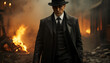 © Jemastock - Confident businessman in suit stands amidst burning flames generated by AI