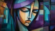 abstract painting of a woman with purple highlights, in the style of neocubism, dark amber and teal, romanesque art, mosaic-inspired realism, copy space, 16:9