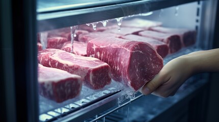 Wall Mural - Close-up of human hand taking fresh meat from fridge