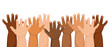 A group of children's raised hands of different nationality and ethnicity. Illustration, vector