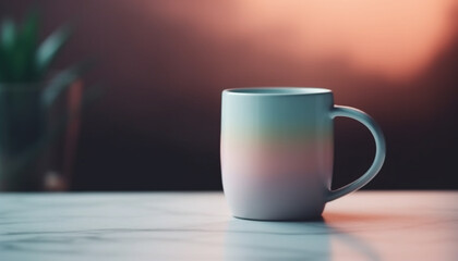 Wall Mural - Hot liquid in blue mug on wooden desk in office generated by AI