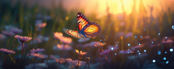 Mystical beautiful butterfly in a magical flower field. Butterfly fly over flowers meadow.