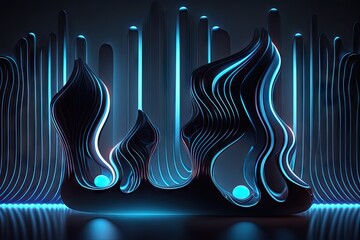 Wall Mural - Abstract background, glowing neon lines and waves, blue and black color