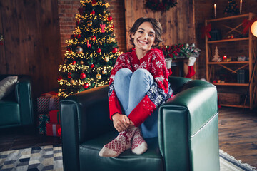 Sticker - Full body photo of cute lovely lady young age sitting cozy green armchair crossed legs warm flat decorated xmas party isolated indoors