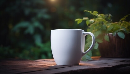 Wall Mural - Wooden table, coffee cup, green plant, hot drink, rustic background generated by AI