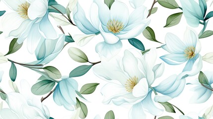   a white and blue flower with green leaves on a white background with a white background and a light blue flower with green leaves on a white background.