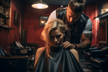 Wall Mural - Portrait of male hairdresser cuts a girl's hair. Caucasian mid adult man using professional hairstyling equipment. Low angle view. . High quality photo