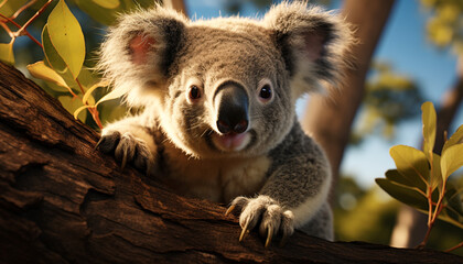 Canvas Print - Cute koala sitting on branch, looking at camera generated by AI