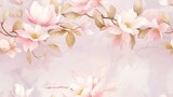 Fototapeta Kwiaty -  a painting of pink flowers with green leaves on a light pink background with a gold foil effect in the middle of the image.