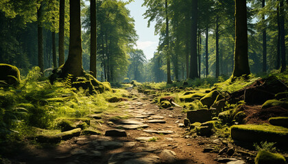 Sticker - Tranquil scene of green forest with sunlight generated by AI