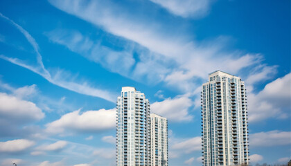 Poster - Tall skyscraper reflects bright blue sky in modern financial district generated by AI