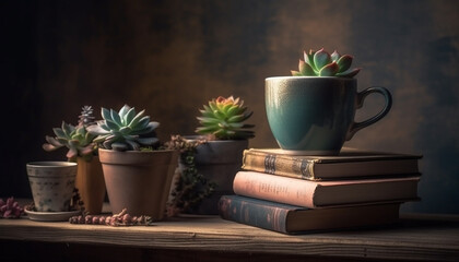 Poster - Fresh literature growth on wooden shelf, indoor plant decoration still life generated by AI