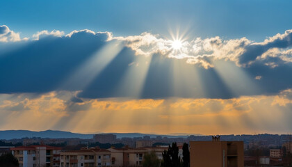 Wall Mural - Sunset silhouette, cityscape back lit by vibrant yellow sky generated by AI