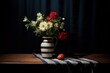 A table with vase and flowers against black wall and background, including a blue stripe at the bottom. Generative AI
