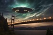 Unidentified flying object above an iconic bridge. Generative AI