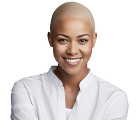 Wall Mural - Short hair or a bald healthy woman has a beautiful well-groomed facial skin. Smiling shows the emotion of happiness.  Concept advertising of cosmetic and cosmetology products for self-care.