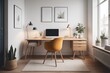 © Marko - Cozy home workplace with wooden drawer writing desk and fabric chair. Interior design of modern scandinavian home office