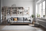 Fototapeta  - Grey sofa against window and book shelving unit. Scandinavian home interior design of modern living room