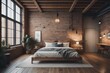 Industrial loft interior design of modern bedroom. Wooden bed near brick wall