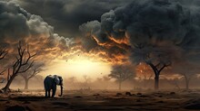  A Painting Of An Elephant Standing In The Middle Of A Barren Area With Trees And Birds Flying In The Sky.  Generative Ai
